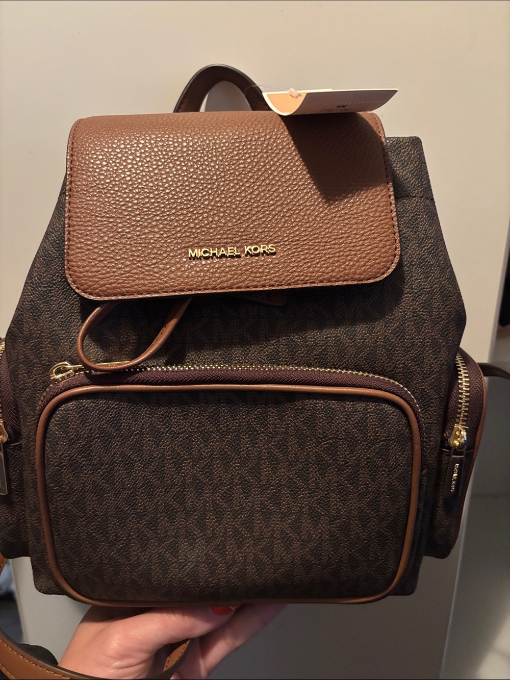Michael Kors Brown Monogram Backpack with Tan Leather Trim